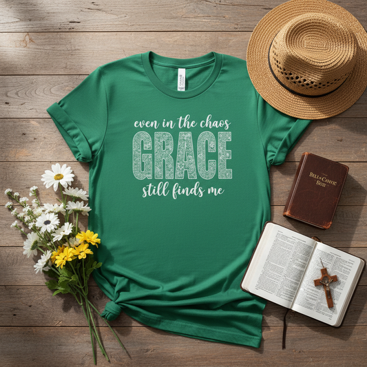 Even in the Chaos Grace Still Finds Me – Bella+Canvas 3001 Christian T-Shirt – Faith Based Inspirational Graphic Tee