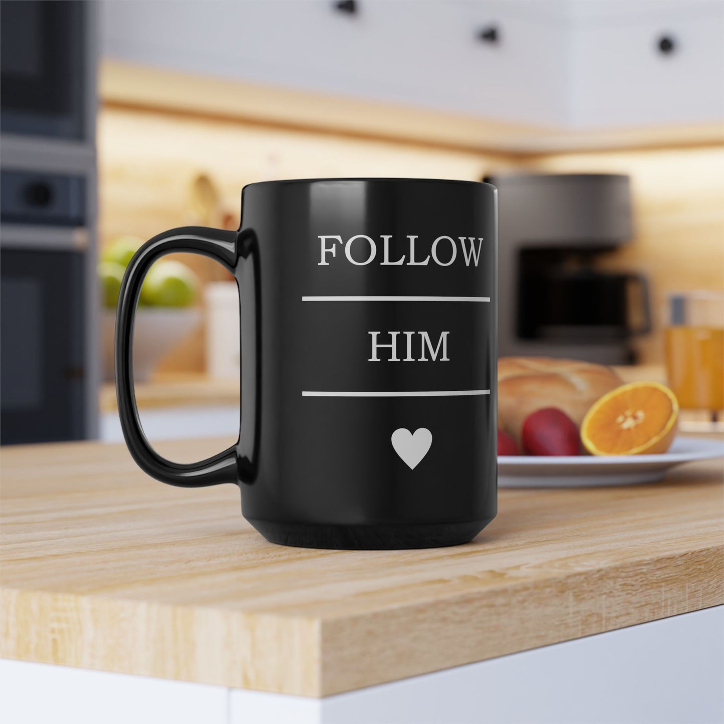 Follow Him Black Ceramic Mug (11oz/15oz) — Christian Faith Coffee Cup with Heart Accent