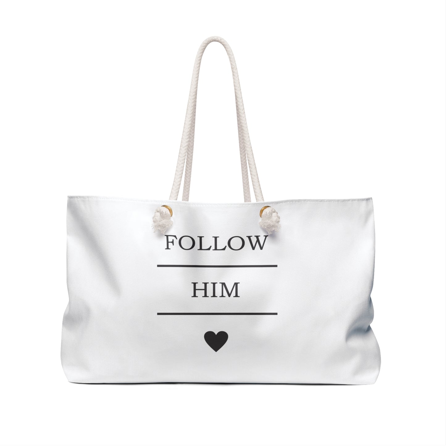 Follow Him Weekender Bag - White Travel Tote with Heart