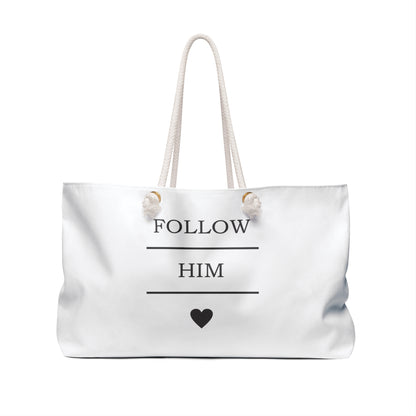 Follow Him Weekender Bag - White Travel Tote with Heart