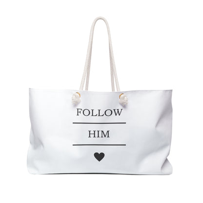 Follow Him Weekender Bag - White Travel Tote with Heart