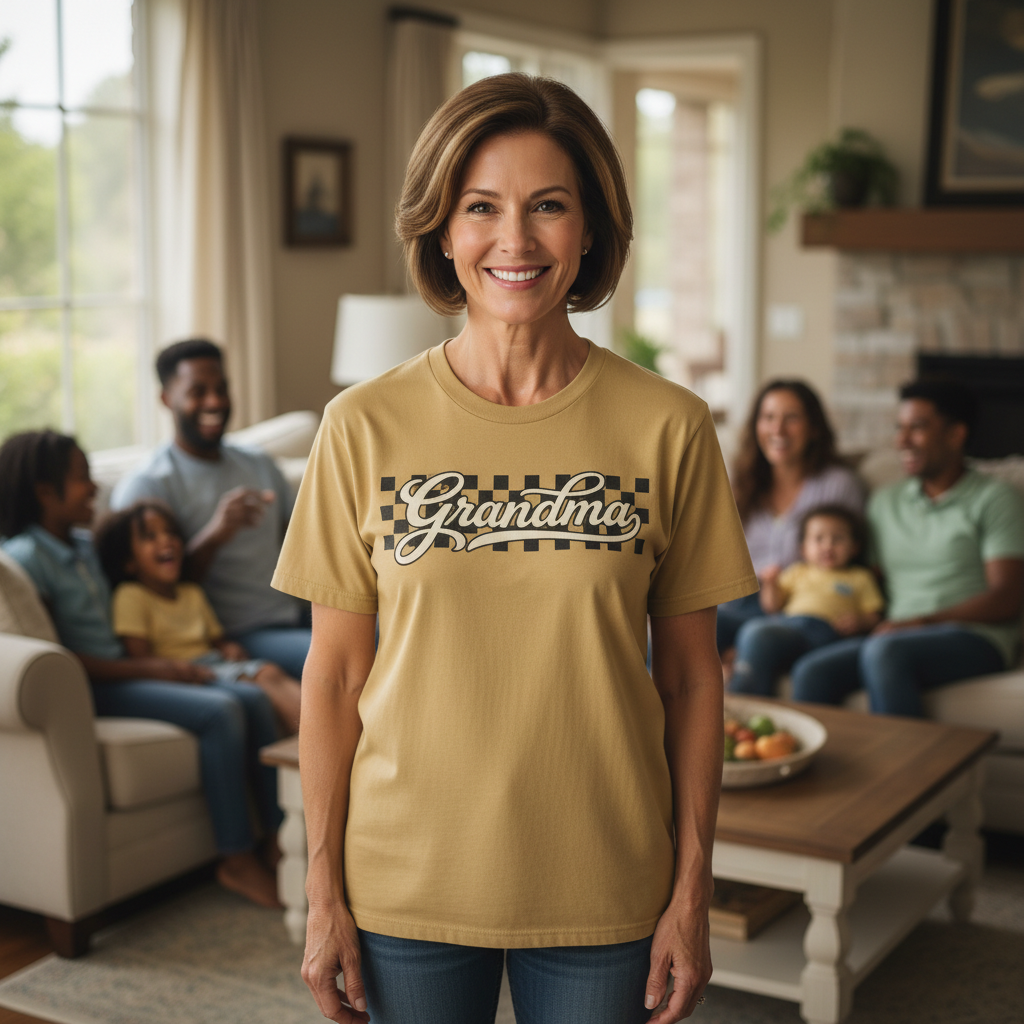 Grandma Retro Checker Vibe Graphic Tee for Grandmothers