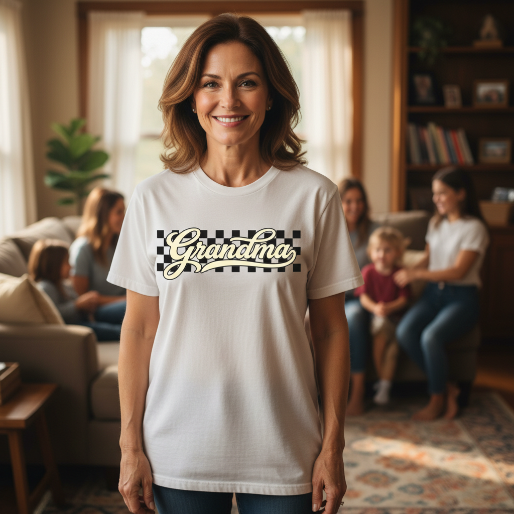 Grandma Retro Checker Vibe Graphic Tee for Grandmothers