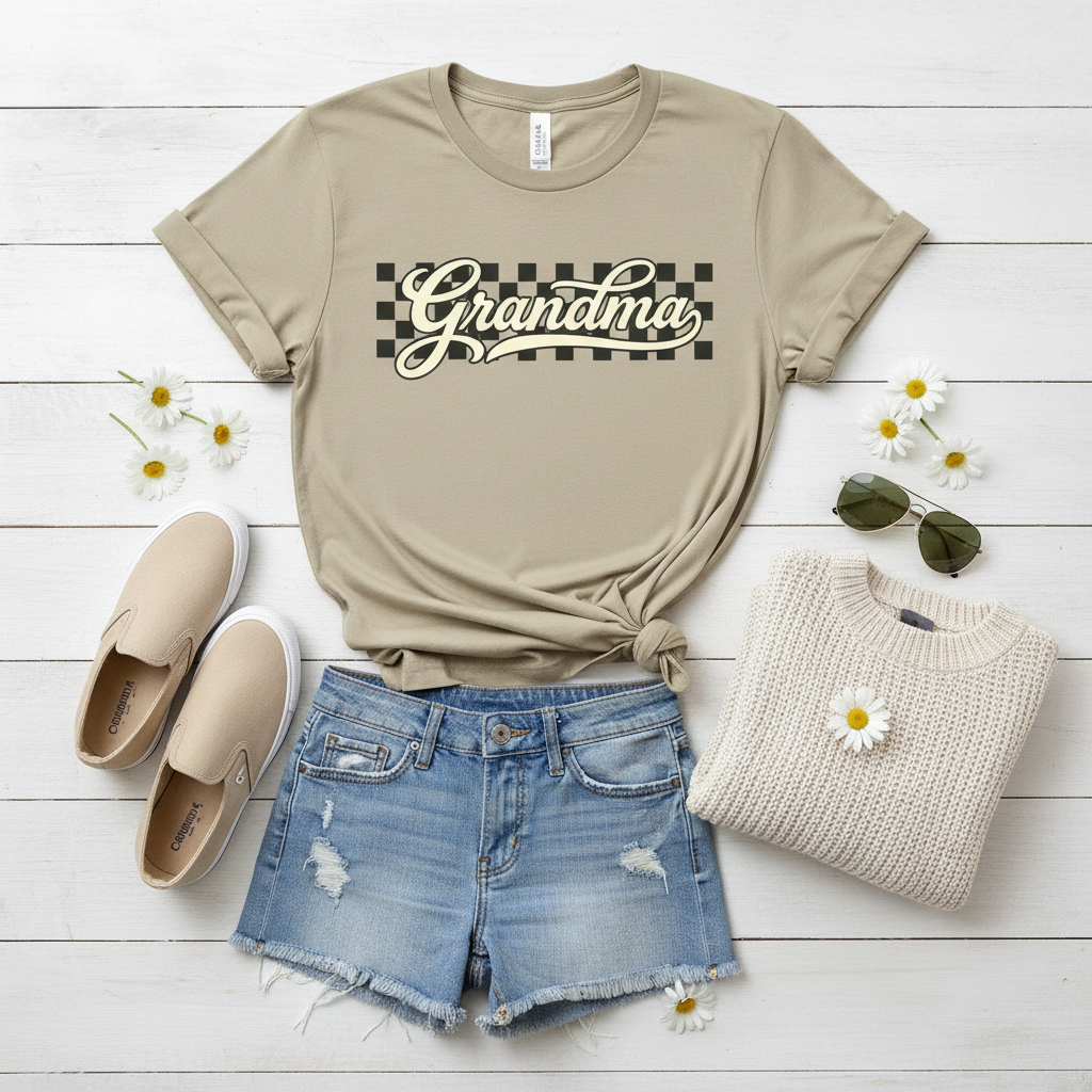 Grandma Retro Checker Vibe Graphic Tee for Grandmothers