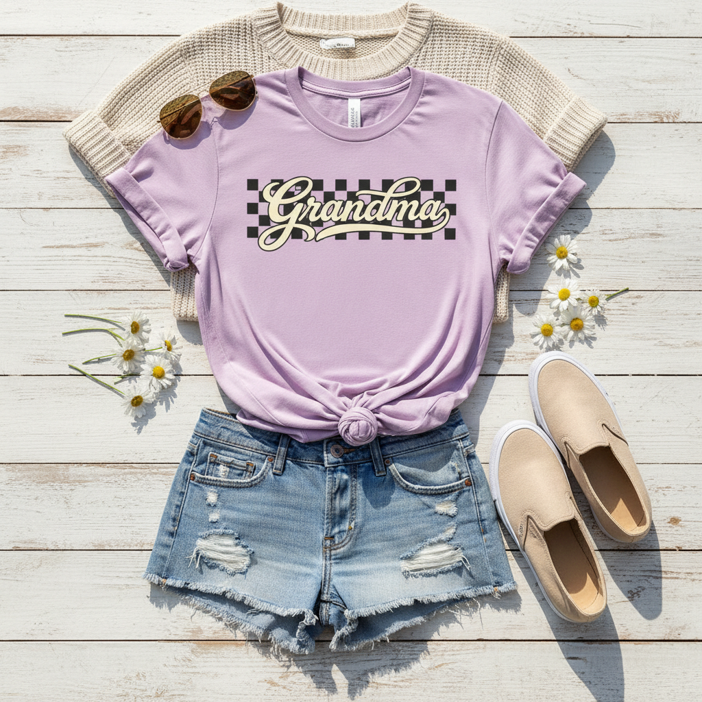 Grandma Retro Checker Vibe Graphic Tee for Grandmothers