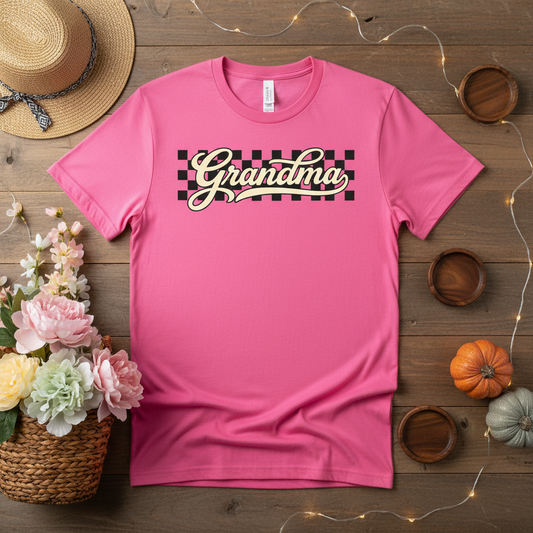 Grandma Retro Checker Vibe Graphic Tee for Grandmothers