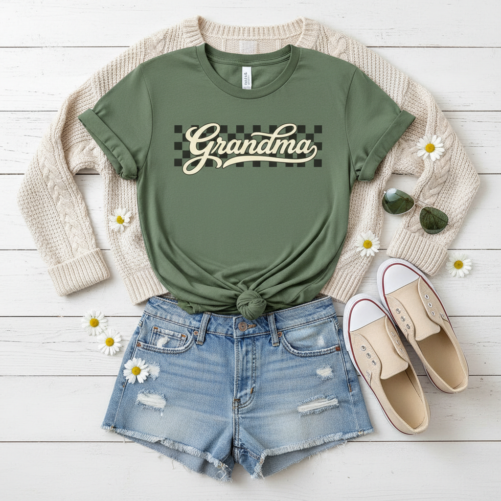 Grandma Retro Checker Vibe Graphic Tee for Grandmothers