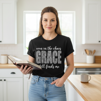 Even in the Chaos Grace Still Finds Me – Bella+Canvas 3001 Christian T-Shirt – Faith Based Inspirational Graphic Tee