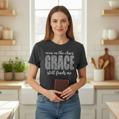 Even in the Chaos Grace Still Finds Me – Bella+Canvas 3001 Christian T-Shirt – Faith Based Inspirational Graphic Tee