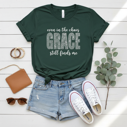 Even in the Chaos Grace Still Finds Me – Bella+Canvas 3001 Christian T-Shirt – Faith Based Inspirational Graphic Tee
