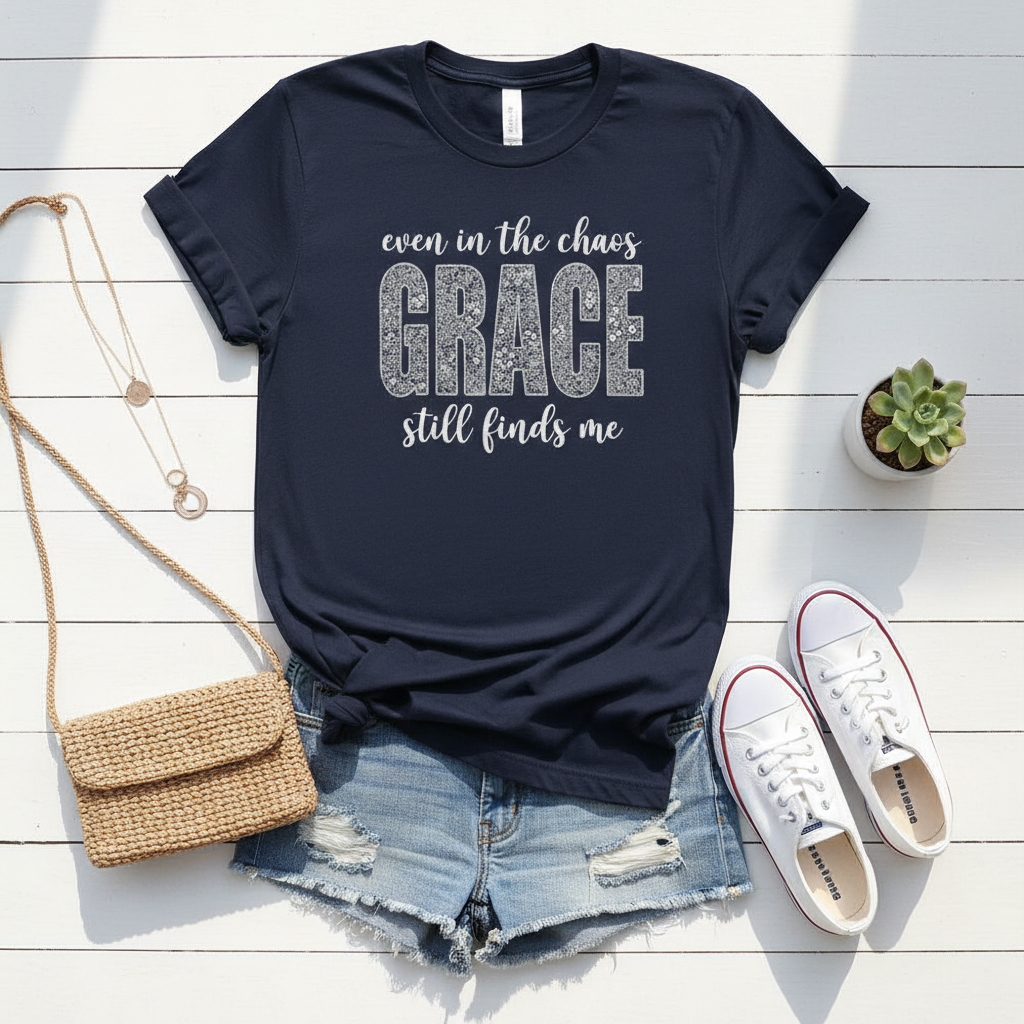Even in the Chaos Grace Still Finds Me – Bella+Canvas 3001 Christian T-Shirt – Faith Based Inspirational Graphic Tee