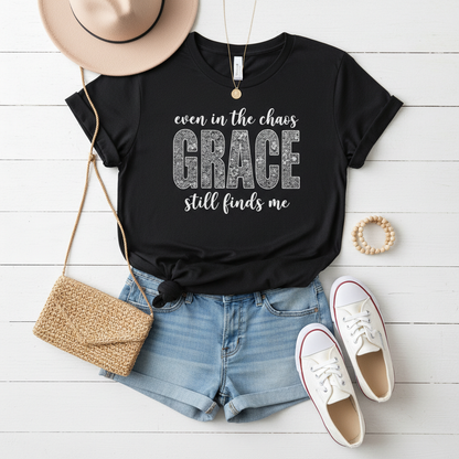 Even in the Chaos Grace Still Finds Me – Bella+Canvas 3001 Christian T-Shirt – Faith Based Inspirational Graphic Tee
