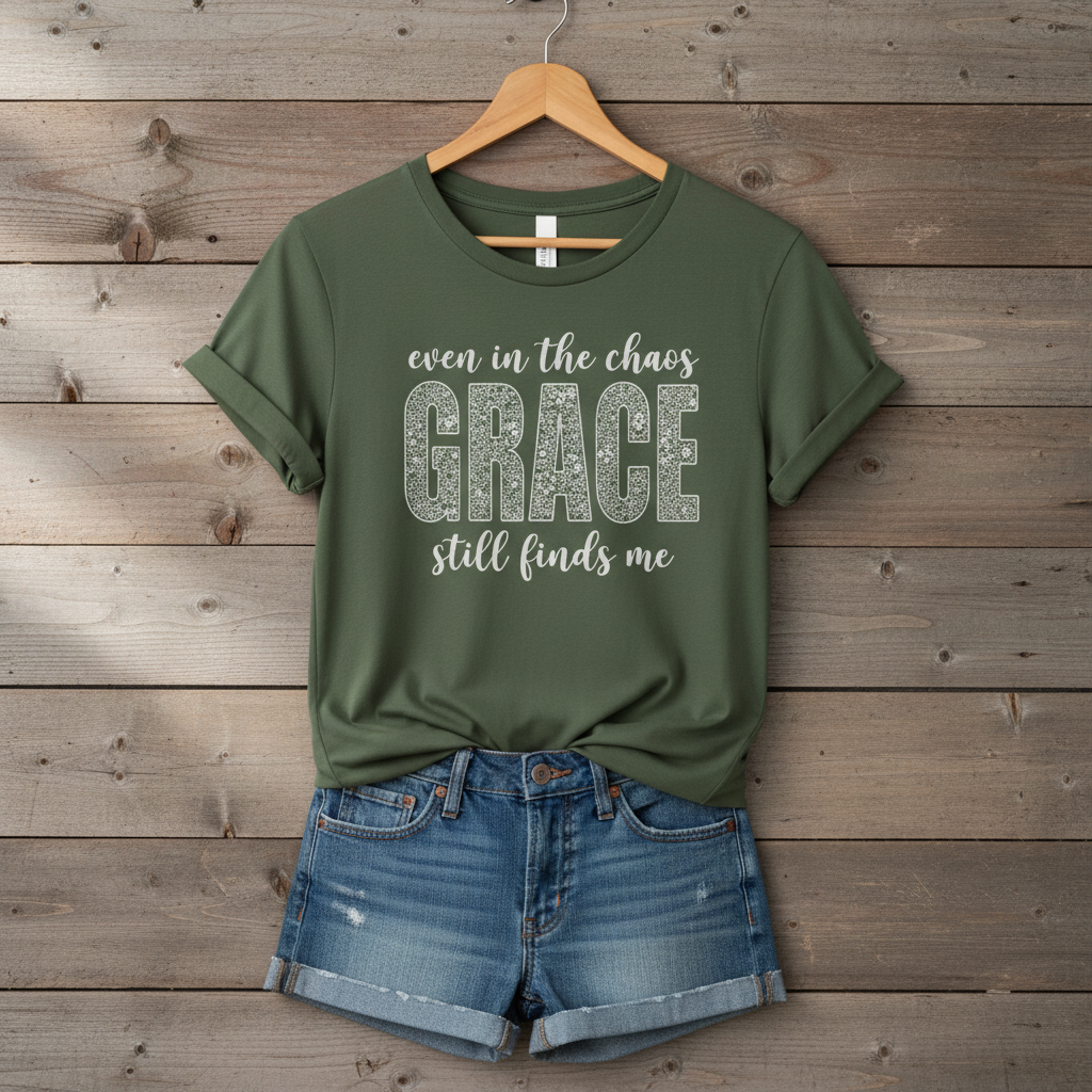 Even in the Chaos Grace Still Finds Me – Bella+Canvas 3001 Christian T-Shirt – Faith Based Inspirational Graphic Tee