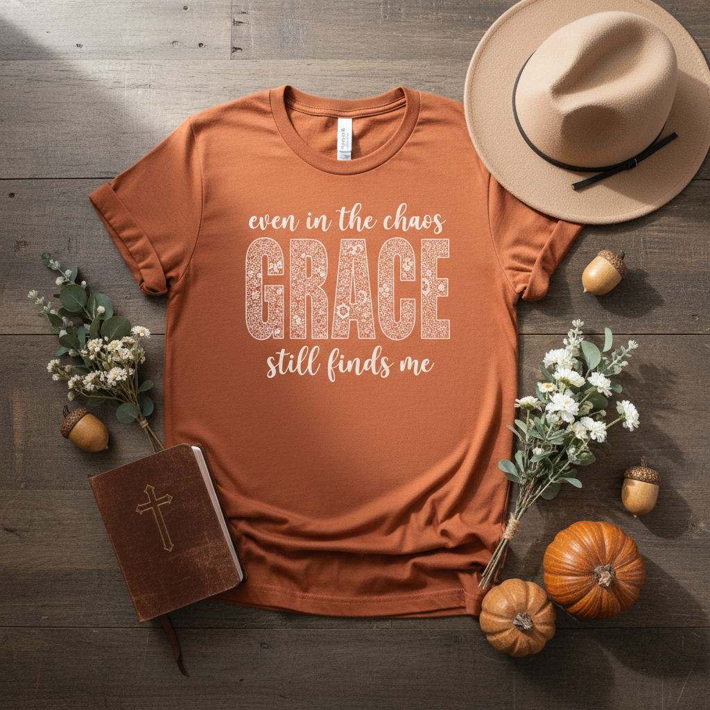Even in the Chaos Grace Still Finds Me – Bella+Canvas 3001 Christian T-Shirt – Faith Based Inspirational Graphic Tee