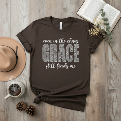 Even in the Chaos Grace Still Finds Me – Bella+Canvas 3001 Christian T-Shirt – Faith Based Inspirational Graphic Tee