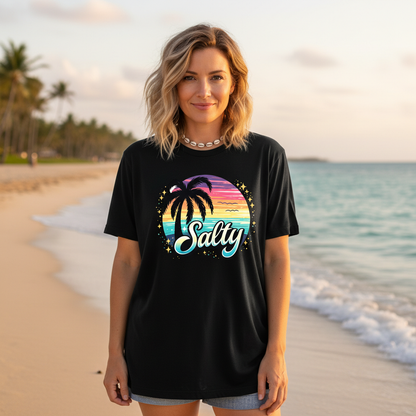 Salty Retro Sunset Tee — Retro Palm Tree Vacation Tee
