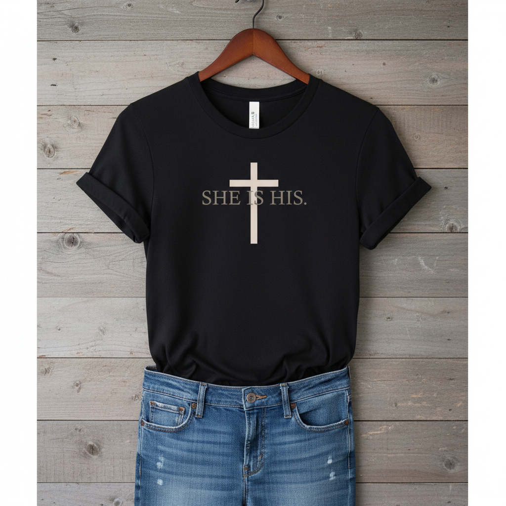 SHE IS HIS Cross Premium Unisex Crewneck Tee Bella + Canvas 3001