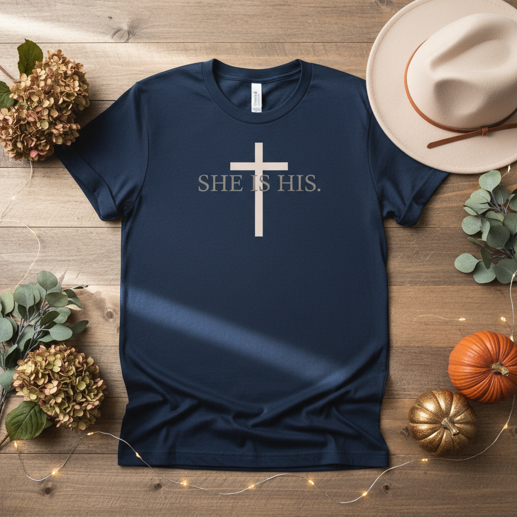 SHE IS HIS Cross Premium Unisex Crewneck Tee Bella + Canvas 3001