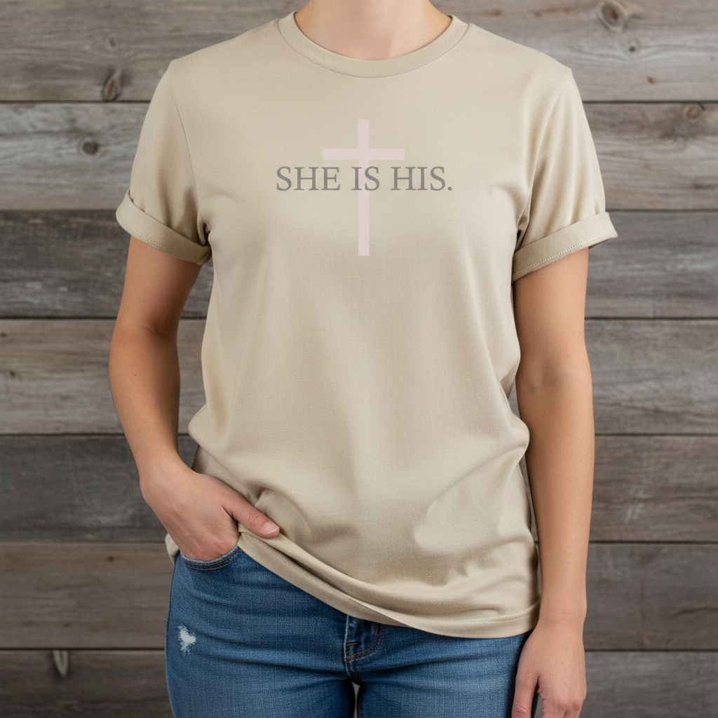 SHE IS HIS Cross Premium Unisex Crewneck Tee Bella + Canvas 3001